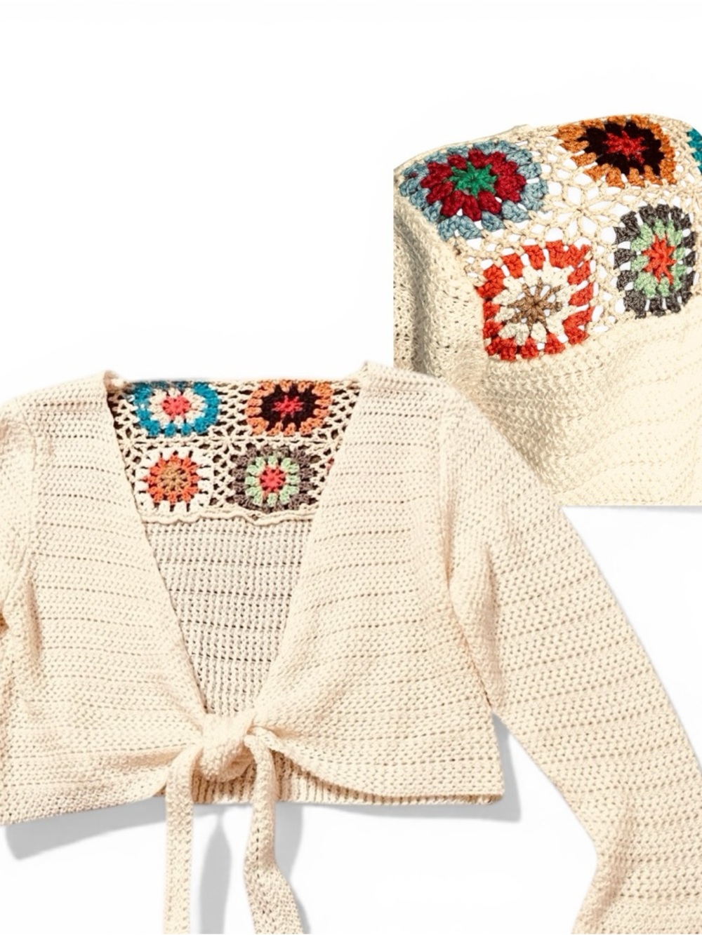 Crochet Crop Shrug Top Size S Tie Ivory w/ Multicolor Granny Squares Grannycore